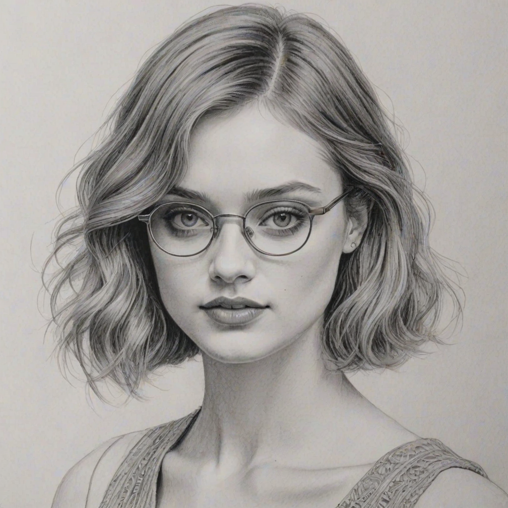 Fetching Bella Heathcote, pencil sketch, portrait of Gorgeous woman 1921s in glasses, hair style beatnik, outline, clear lines, fine lines, 8k