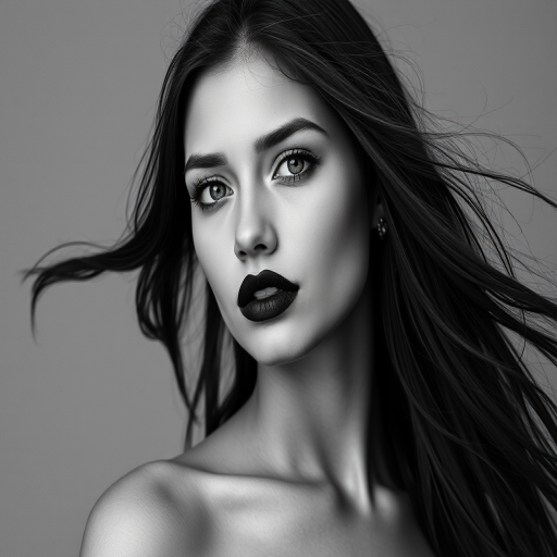 Photographic image of a beautiful young Native American woman, blue eyes, lips with black lipstick, long hair fluttering in the wind and wearing a silk strapless dress with a soft purple and orange print. monochrome image with only color highlights in the iris of the eyes, lipstick and dress. Gray background.