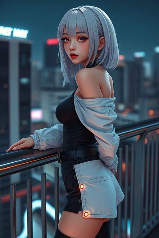 best quality, beautiful lighting, lucy, 1girl, white hair, against railing, arm rest, bangs, bare shoulders, belt, black belt, black leotard, black pants, blurry, bob cut, breasts, building, cityscape, clothing cutout, (cropped jacket), cyberpunk, depth of field, from side, gradient eyes, grey eyes, grey hair, white jacket, leotard, lips, long sleeves, looking afar, looking ahead, (mechanical parts), medium breasts, multicolored eyes, multicolored hair, night, night sky, off shoulder, open clothes, open jacket, outdoors, pants, parted lips, railing, red eyeliner, science fiction, short hair with long locks, short shorts, shorts, sidelocks, sky, solo, standing, teeth, thigh cutout, upper teeth only, white jacket, white shorts, cyberpunk  cyberpunk edgerunners, RAW photo, 8k uhd, film grain, cosplay, white wig, night, neon lights