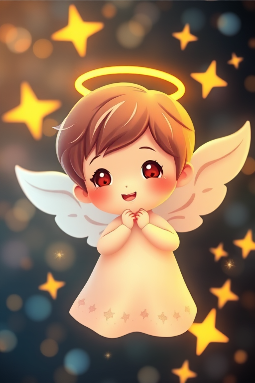 Create an image of a cute cartoon angel with a halo, surrounded by shiny stars and a sparkling background, using a Canon EOS R5, 50mm lens, aperture f/1.8, ISO 100, in vibrant colors with a soft focus and warm lighting.