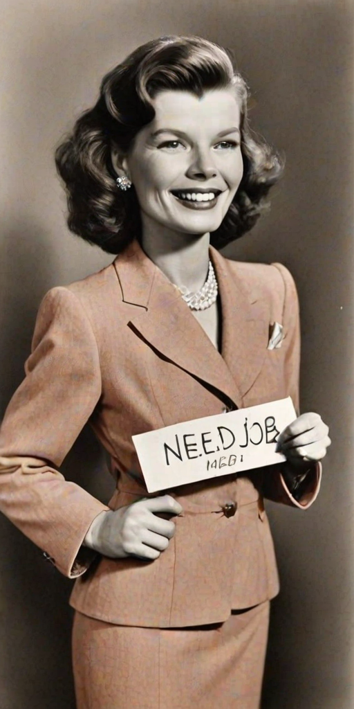 caricature of a smiling Katharine Hepburn in a Salmon dress or suit, holding up a sign that says "NEED A JOB", no watermark,
