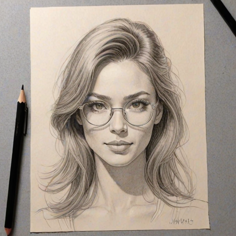 Attractive Sabrina Sato, pencil sketch, portrait of Gorgeous woman 1976s in glasses, hair style beatnik, outline, clear lines, fine lines, 8k
