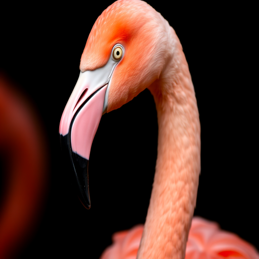 A close-up portrait of a flamingo with vibrant pink feathers against a black background, taken with a Canon EOS R5, aperture f/2.8, shutter speed 1/200s, ISO 100, using a 85mm lens in macro mode.