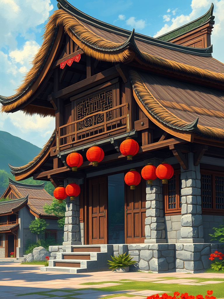 Create a highly detailed illustration of a traditional Asian-style house with a thatched roof, wooden beams, and stone accents, featuring red lanterns, set against a vibrant landscape, captured with a Canon EOS 5D Mark IV at f/8, ISO 100, 50mm lens, in a wide-angle view, using a digital painting style.