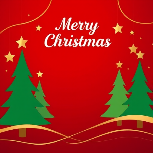 Create a festive Christmas card design with a deep red background, featuring stylized green Christmas trees, gold stars, and wavy lines in gold and white, with space for a personalized message, using a Canon EOS R5, 50mm lens, f/1.8 aperture, ISO 100, and soft lighting to enhance the vibrant colors and details.