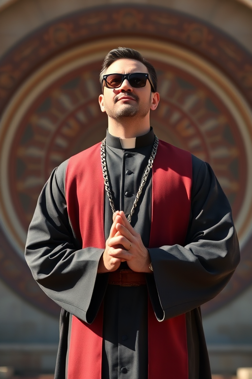 Create an image of a man in a clerical outfit with sunglasses and a chain, standing with hands clasped in prayer, set against a circular background, captured with a Canon EOS R5, 50mm lens, f/1.8 aperture, ISO 100, shot in natural light for high contrast and clarity.