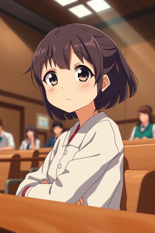 anime-style courtroom scene with a young girl sitting, wide-angle view, f/2.8 aperture, ISO 100, 24mm lens, soft natural lighting, high contrast, detailed background elements