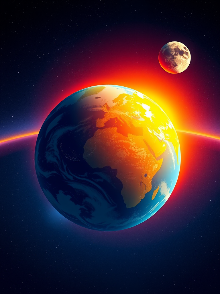 Generate a vibrant illustration of Earth with a stylized sun and moon, using a digital art style, wide-angle view, with a focus on high contrast colors and smooth gradients, enhancing details in the atmosphere and surface textures, 300 DPI resolution.