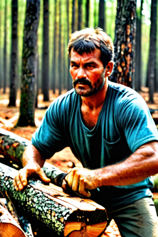 A poor woodcutter is chopping wood in the forest.