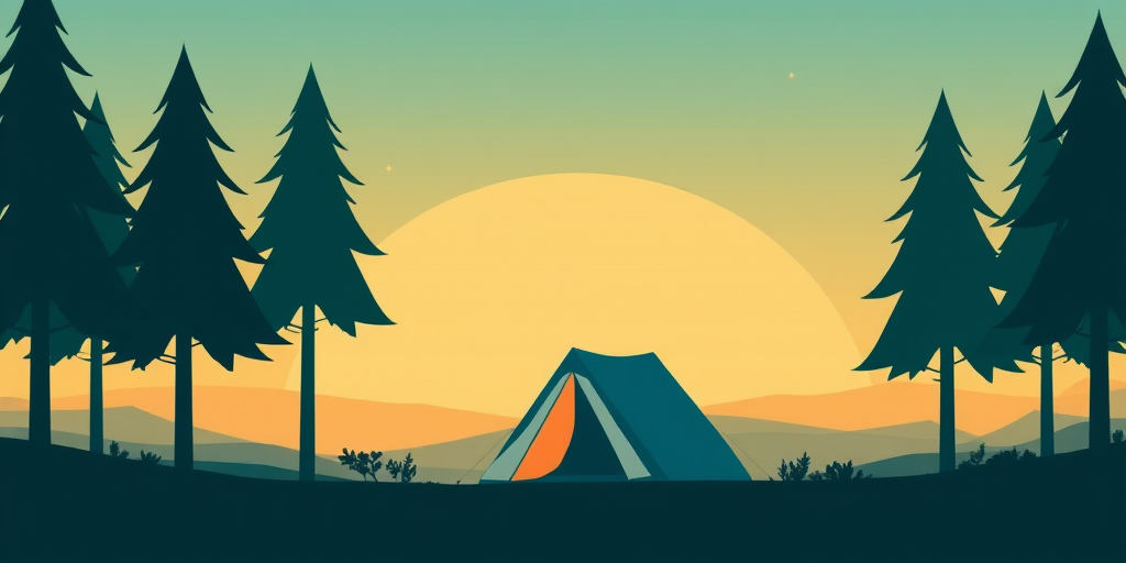 Create a minimalist digital illustration of a camping scene featuring a stylized tent surrounded by abstract trees, with a gradient sky in the background; use a digital art style; settings: 300 DPI, 1920x1080 resolution; camera view: landscape; camera type: digital illustration software.