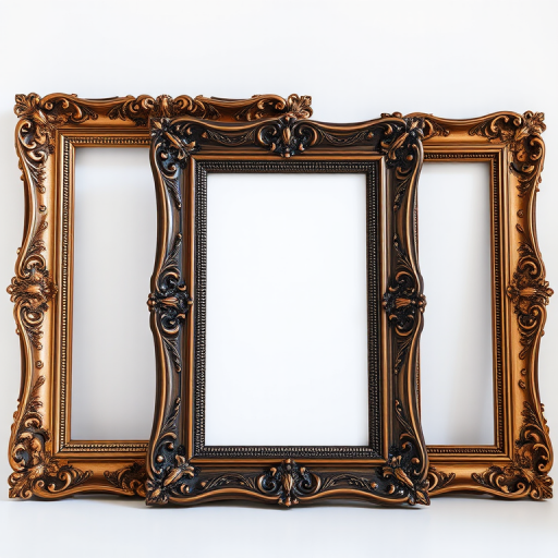 Generate an image of three ornate picture frames in a row, each with a unique design and style, using a DSLR camera with a 50mm lens, f/1.8 aperture, ISO 100, natural lighting, and a shallow depth of field to enhance image quality and focus on the frames.