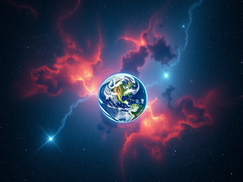 Generate a cosmic scene featuring Earth at the center, surrounded by vibrant nebulae and stars, with a high dynamic range, 50mm lens, f/8 aperture, ISO 100, using a DSLR camera for enhanced clarity and detail.