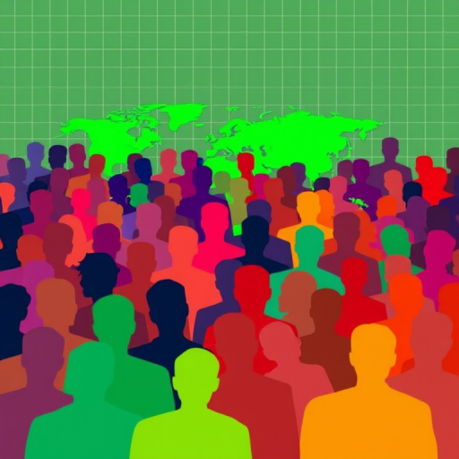 Generate an abstract digital illustration of a diverse crowd of silhouettes in vibrant colors, with a world map in shades of green and a grid background, using a Canon EOS R5, ISO 100, f/8, 24mm, portrait orientation.