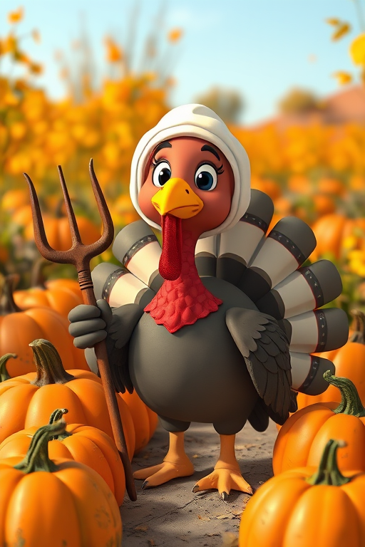 create a cartoon turkey character wearing a white bonnet and holding a pitchfork, standing among pumpkins in a colorful harvest scene, use a DSLR camera, 50mm lens, f/2.8 aperture, ISO 100, natural lighting for enhanced clarity and vivid colors