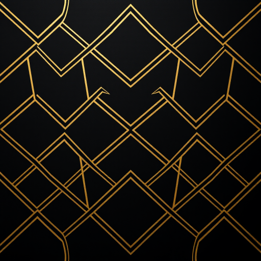 Create a seamless geometric pattern with gold lines on a black background, using a high-resolution digital camera, 50mm lens, f/8 aperture, ISO 100, top-down view, and a soft focus style for enhanced texture.