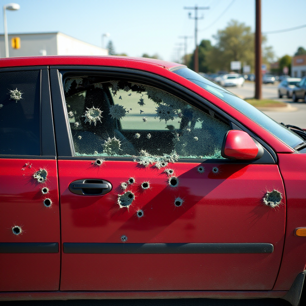 A red car riddled with bullet holes and shattered windows, parked under clear skies in an open area.