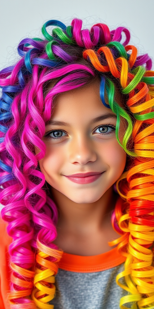 Vibrant image of a teenager with Rainbow Prism locks, each section dyed a different bright hue, styled in tight spiral curls forming a halo around their face