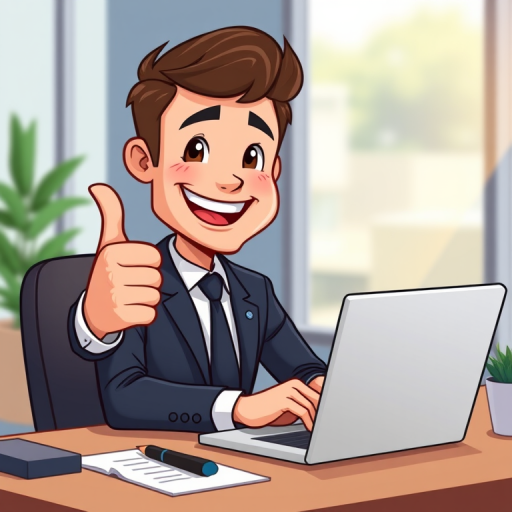 Create a digital illustration of a happy cartoon businessman giving a thumbs up while working on a laptop at a desk, use a high-resolution setting with 300 DPI, employ a soft focus background for depth, and simulate a lens aperture of f/4 to enhance clarity.