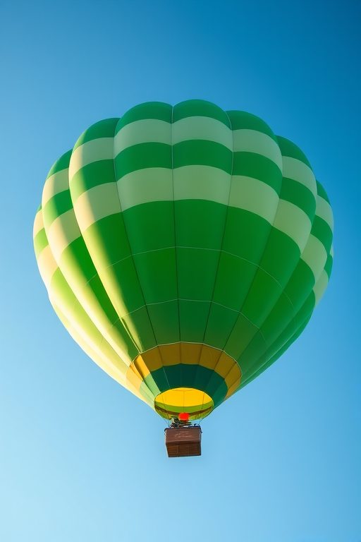 Create a high-resolution image of a hot air balloon with green and white stripes, captured from a low-angle view, using a DSLR camera with a 50mm lens, aperture set to f/2.8, ISO 100, and a shutter speed of 1/500s against a clear blue sky.