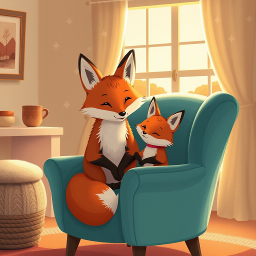 Create an illustration of a mother fox and her child sitting together in a cozy armchair, surrounded by a warm and inviting room with a window showing a sunny landscape, using a DSLR camera with a 50mm lens, f/2.8 aperture, ISO 100, natural lighting, and a soft focus effect to enhance warmth and detail.