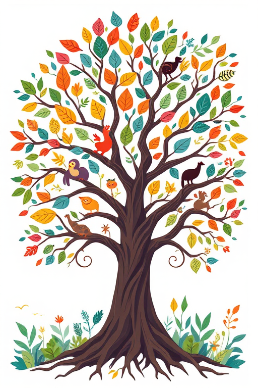 Create a vibrant illustration of a stylized tree with colorful leaves and animals integrated among the branches and roots, captured in high resolution using a Canon EOS R5 with a 50mm f/1.2 lens, at f/2.8, ISO 100, in natural daylight with a shallow depth of field for enhanced focus on details.