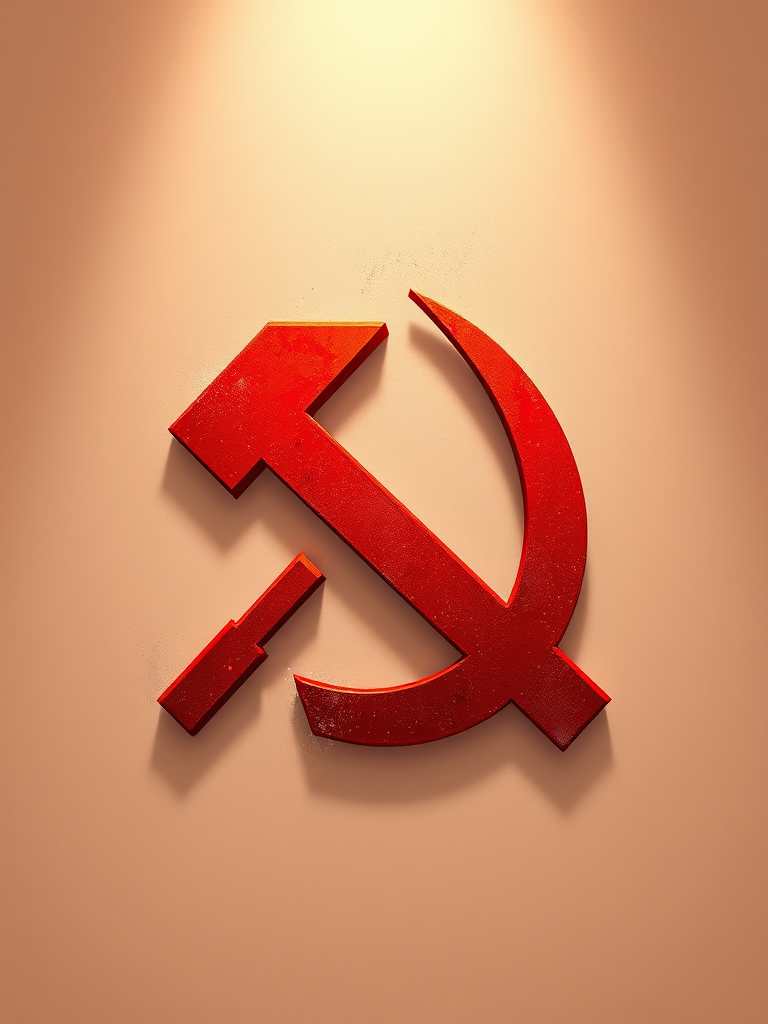 Create a high-resolution illustration of a red hammer and sickle symbol, using a DSLR camera, shot at f/8 aperture, ISO 100, with a shallow depth of field and soft lighting to enhance color vibrancy and detail.