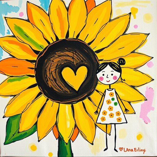 Stylized impressionism painting of a large sunflower with an oversized center and colorful petals. Beside, a young female character with eyes represented by dots and a mouth by a line, pink cheeks, hair attached, arms and legs a black line, flowery white dress triangle shape. A yellow heart surrounded by a black line between the two. Textured background with touches of colorful paint. Childish style.
