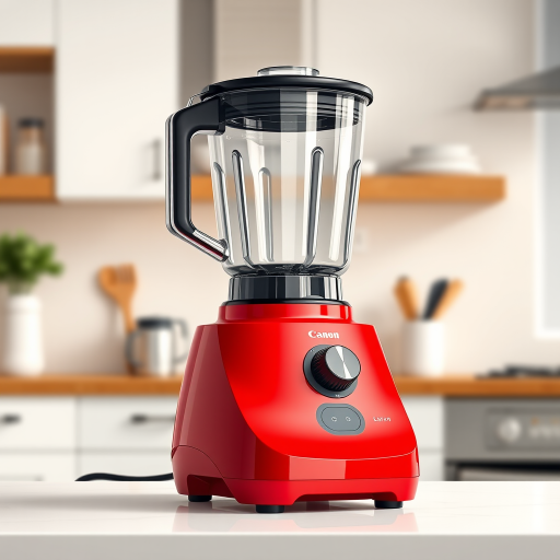 Create a high-resolution digital illustration of a modern blender with a glossy red finish, positioned on a clean kitchen countertop, using a Canon EOS R5 camera with a 50mm lens, at f/1.8 aperture, 1/125 sec shutter speed, and ISO 100, focusing on vibrant colors and sharp details.