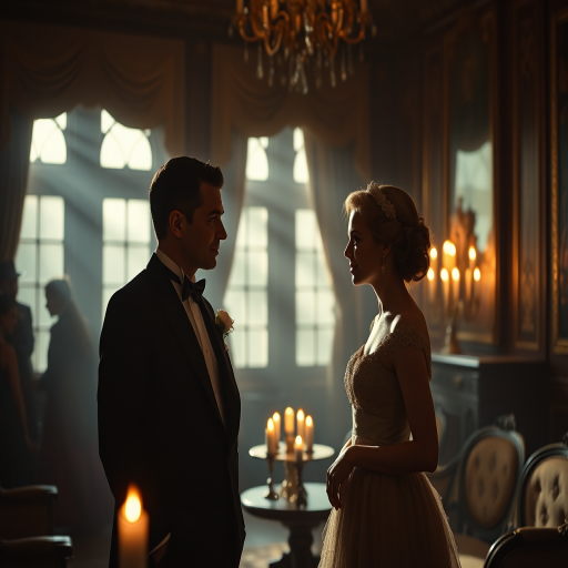 regenerate the image of a dimly lit opulent Victorian-style room with a man in a tuxedo and a woman in an elegant dress, engaging in conversation, soft candlelight illuminating their faces, shot with a Canon EOS R5 at f/1.4, 50mm lens, ISO 200, natural light, and a cinematic depth of field for enhanced focus on the subjects.