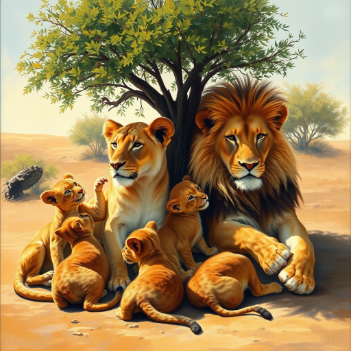 a beautiful realistic oil painting of a Lioness and Lion laying next to each other in a small shade tree while their cubs are playing around them.  1 cub is playing with The lions tail and 1 is biting the lionesses ear.  Setting is African desert.  The scene is warm and serene