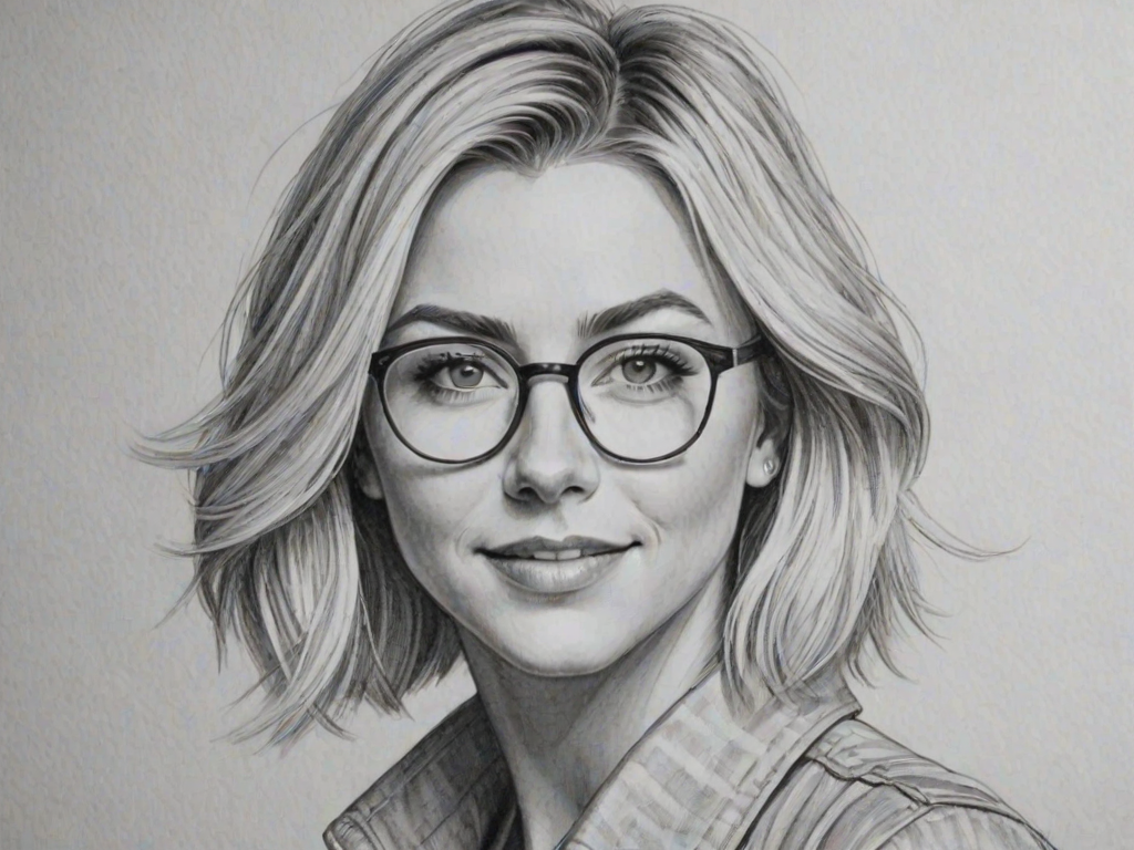 Resplendent Julianne Hough, pencil sketch, portrait of Radiant woman 1924s in glasses, hair style beatnik, outline, clear lines, fine lines, 8k