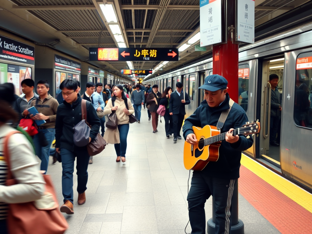Busy subway station during rush hour, commuters rushing past, with advertisements lining the walls, a musician playing a cheerful tune on a corner, and the sound of trains approaching in the background.