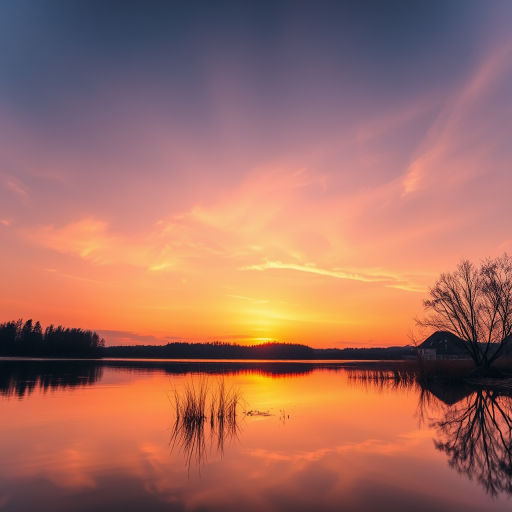 Create a high-resolution image of a tranquil sunset over a serene lake, captured with a Canon EOS R5 camera, 35mm lens, at f/8 aperture, ISO 200, shot from a low angle with a wide-angle view to emphasize the reflection on the water.