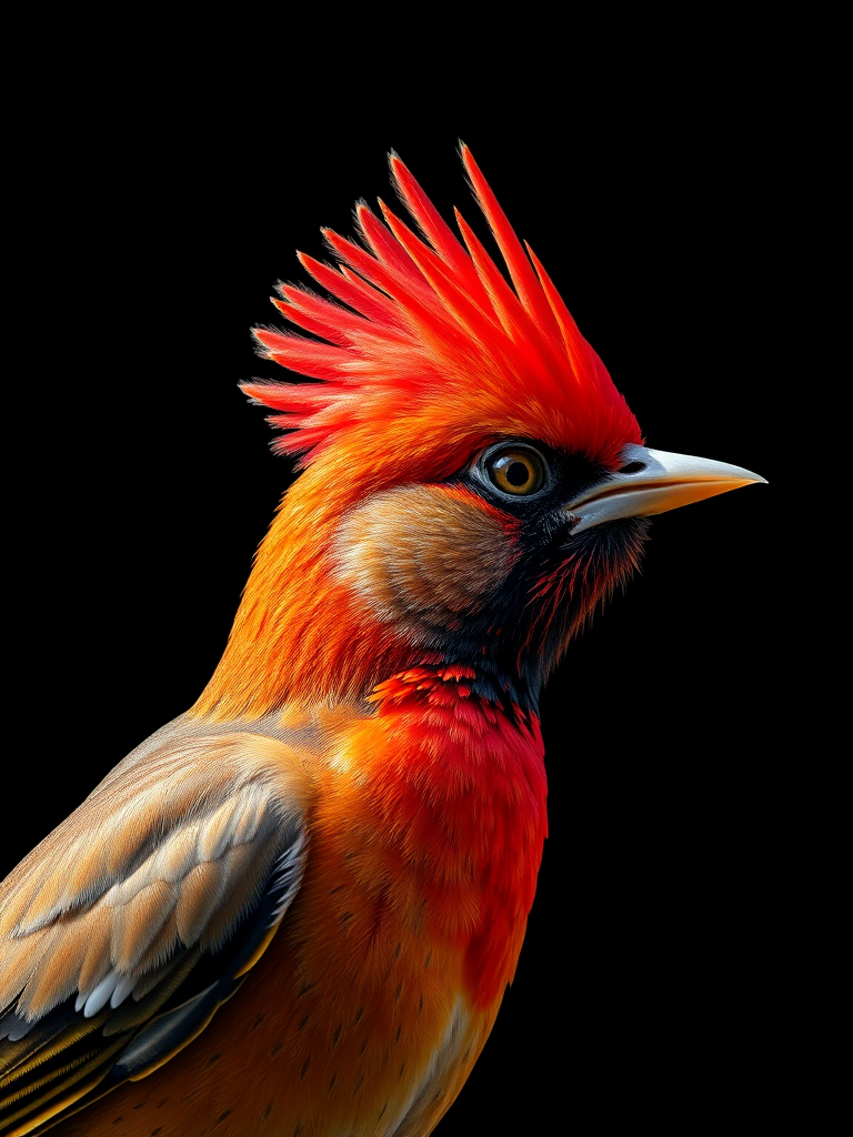 Create a highly detailed, realistic illustration of a bird with a prominent red crest and a brown body, captured in vibrant colors, using a DSLR camera with a 50mm lens, aperture set at f/2.8, ISO 100, and high dynamic range to enhance image quality, with a side view showcasing its features against a plain black background.