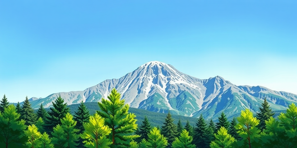 Create a detailed illustration of a serene mountain landscape with a clear blue sky and vibrant green trees in the foreground, utilizing a DSLR camera with a 35mm lens, aperture set to f/8, shutter speed 1/250 sec, ISO 100, capturing a wide-angle view for enhanced depth and clarity.