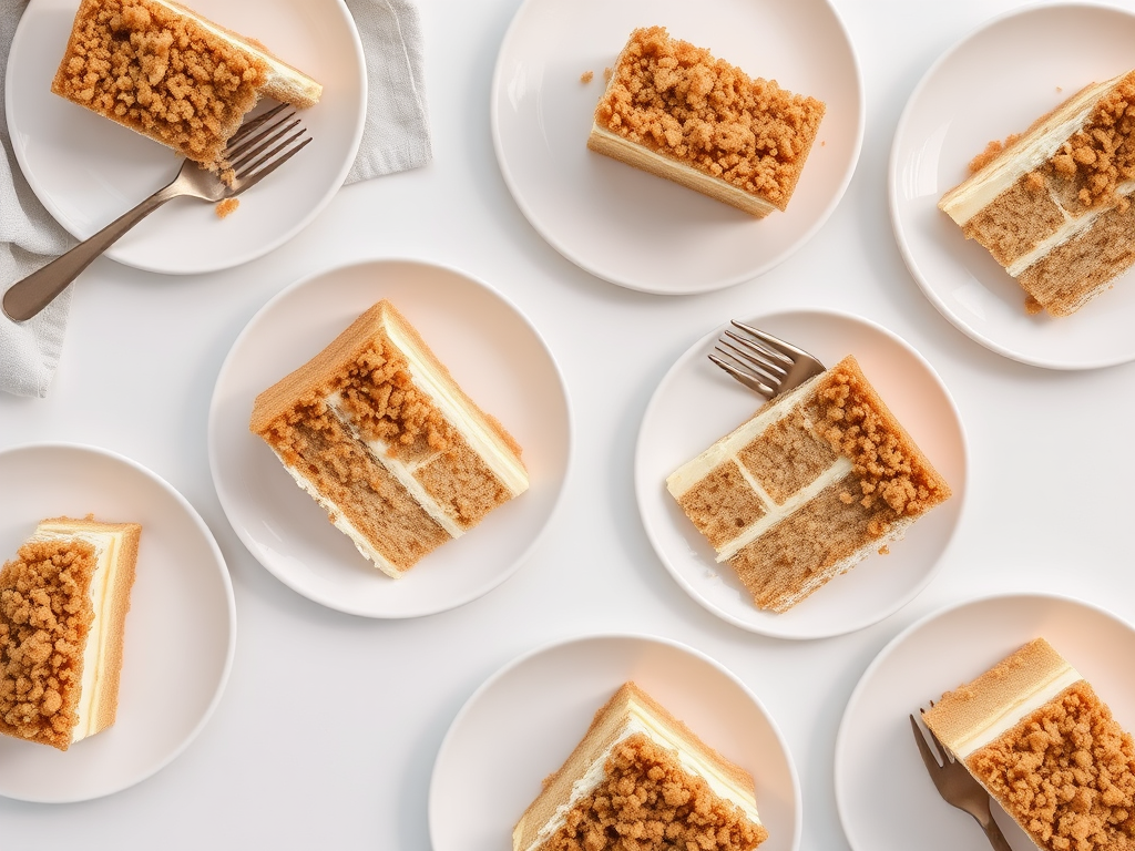 Aerial view of several slices of layered cake on white plates arranged on a light surface with a fork on one plate and a napkin in the background. The cake features cream and sponge layers with a crumb topping. The setting is bright and minimalist.