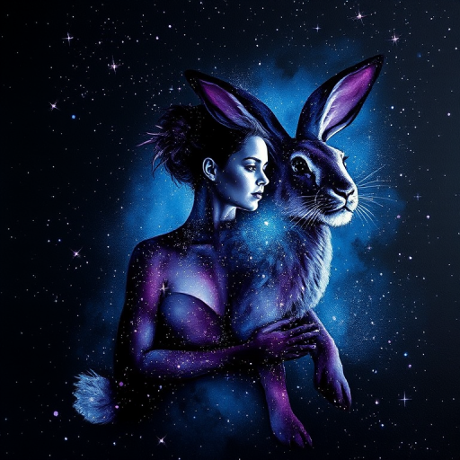 Captivating conceptual render alcohol ink art, double exposure, the paint strokes artfully merge combining a woman's full silhouette with a Humble hare's silhouette. The figures are composed of a series of colored dots, lines & spots that evoke the image of a cosmic galaxy, colors are deep shades of blue purple & black with flashes of white & silver representing distant stars. The woman's silhouette is formed within the lion's silhouette from constellations of scattered stars, surreal