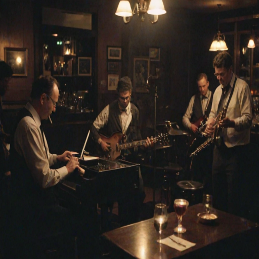 Grainy, low-light photo of a small jazz band playing in a dimly lit bar, soft glow from table lamps casting warm light on the musicians, smoke lingering in the air, patrons nodding along to the music, soft clinking of glasses in the background.