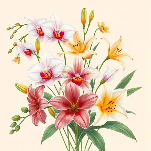 Create a high-resolution botanical illustration of a variety of flowers including orchids and lilies against a soft beige background, shot with a DSLR camera at 50mm focal length, f/2.8 aperture, ISO 100, in natural light to enhance color vibrancy and detail.