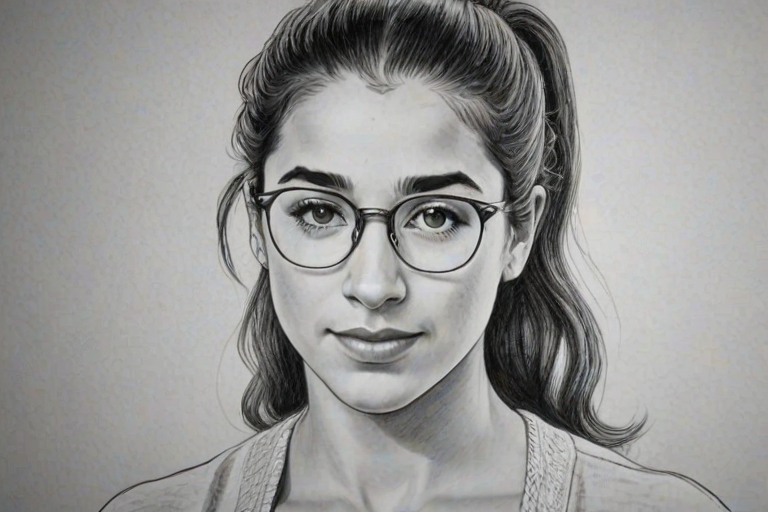 Graceful Aly Raisman, pencil sketch, portrait of Exquisite woman 1943s in glasses, hair style beatnik, outline, clear lines, fine lines, 8k