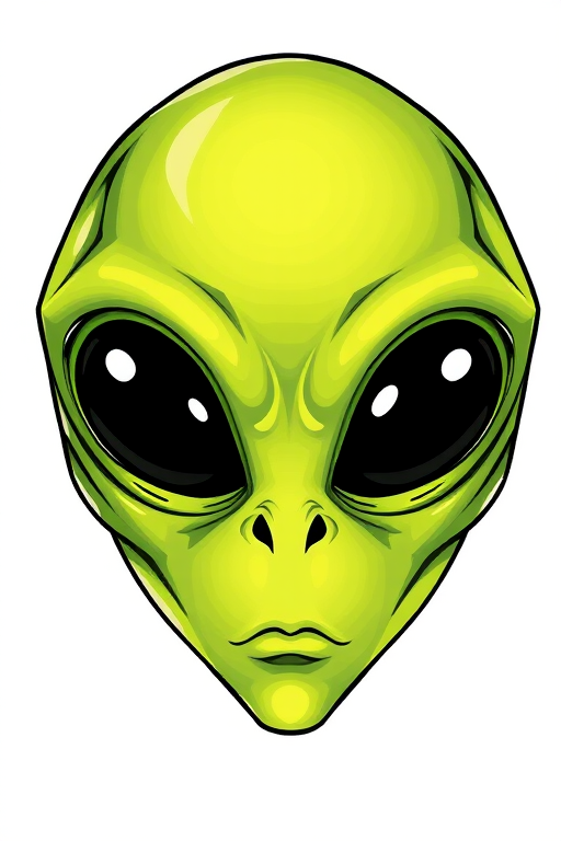 Create a high-resolution illustration of a green alien head with large black oval eyes, using a digital drawing style, shot from a frontal view at 300 DPI, with a soft focus effect and vibrant color saturation.