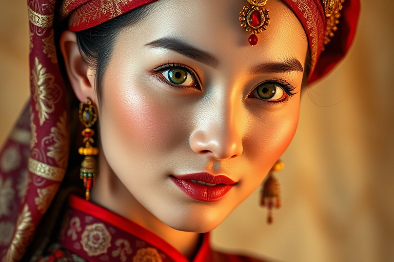 Create a portrait of a beautiful Vietnamese woman with striking green eyes and a gentle expression. She is adorned in traditional attire with intricate patterns, including a richly embroidered headscarf and matching garments. Her jewelry includes a delicate headpiece, dangling earrings, and ornate bracelets, all featuring vibrant gemstones and detailed metalwork. The background is soft and warm, enhancing the rich colors of her outfit and jewelry.