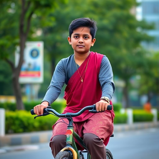 photograph of a young person riding a bicycle in a city setting, wearing traditional clothing, vibrant greenery in the background, early morning light, aperture f/2.8, shutter speed 1/500 sec, ISO 200, focal length 35mm, shot with a DSLR camera in portrait mode