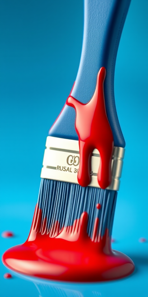 Create a vibrant digital illustration of a paintbrush with a blue handle and red paint dripping from the bristles, using a Canon EOS R5 camera, 50mm lens, f/2.8 aperture, focused close-up shot, bright lighting for enhanced color saturation.