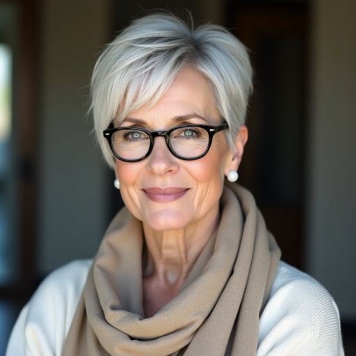 Portrait of a mature woman with short silver hair, styled in an asymmetrical pixie cut with side bangs. She wears black-framed glasses and a beige blouse with a white cardigan over it, as well as a bulky scarf in neutral tones. The woman is indoors with soft lighting and a blur in the background. Her expression is serene and confident, highlighting her elegance and modern style.