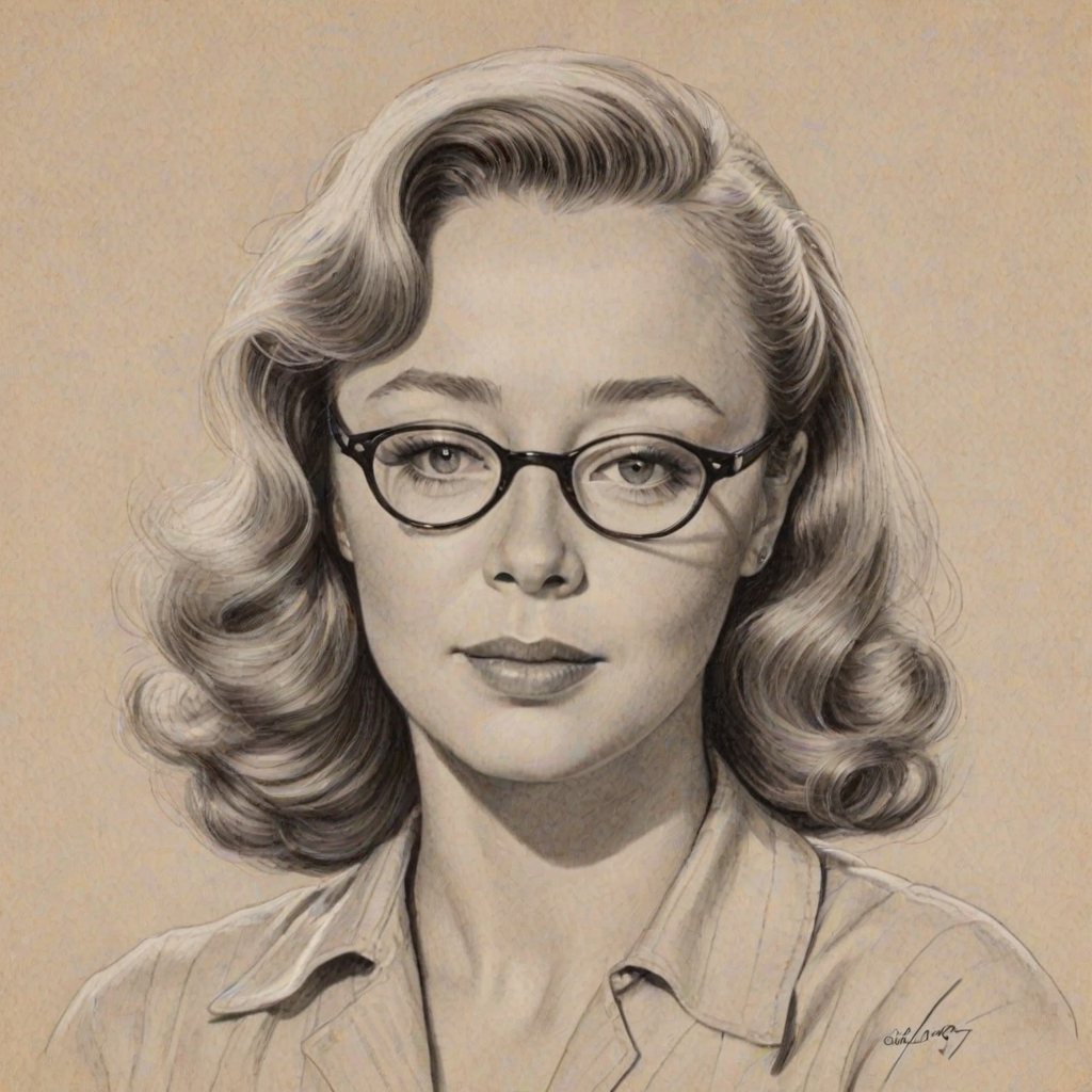Appealing Glynis Johns, pencil sketch, portrait of Lovely woman 1942s in glasses, hair style beatnik, outline, clear lines, fine lines, 8k