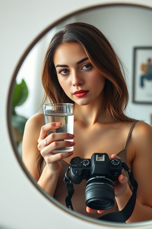 Portrait of a woman holding a glass of water and a camera, captured in a round mirror, soft natural lighting, aperture f/2.8, ISO 200, shutter speed 1/125s, shot with a DSLR camera in a contemporary indoor setting.