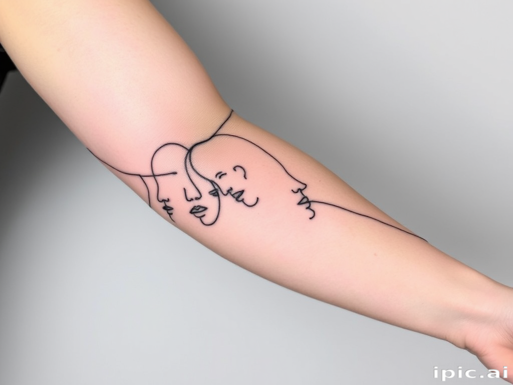 Striking minimalist body tattoo of a single continuous line forming abstract faces and figures, wrapping around the upper arm in bold black ink