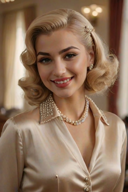 A beautiful Chaldean woman reminiscent of 1950s Hollywood glamour, with perfectly styled blonde hair and a seductive smile, dressed in a satin blouse and adorned with pearls, soft and warm tones, photorealistic, 8K