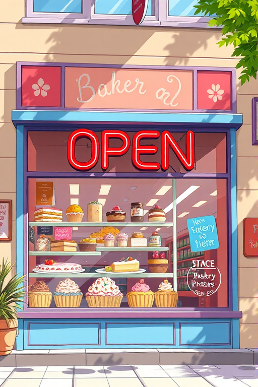 Create a vibrant illustration of a bakery storefront with a large "OPEN" sign, showcasing colorful cakes and pastries behind glass, foregrounded by a bright, sunny day using a DSLR camera with a 35mm lens at f/2.8, ISO 100, shutter speed 1/200s, capturing a wide-angle view for enhanced detail and depth.